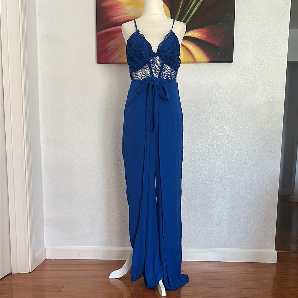 Fashion Nova Blue Lace Jumpsuit with Tie Waist